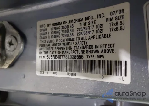 2008 Honda Cr-V Ex-L из США, поврежденный, VIN 5J6RE48778L038556